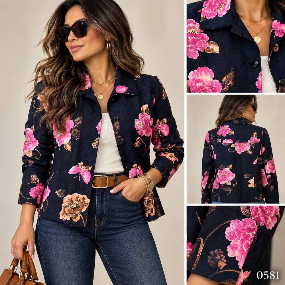 Emma James Petite Navy Pink Floral Linen Blend Blazer Jacket 4P 0581